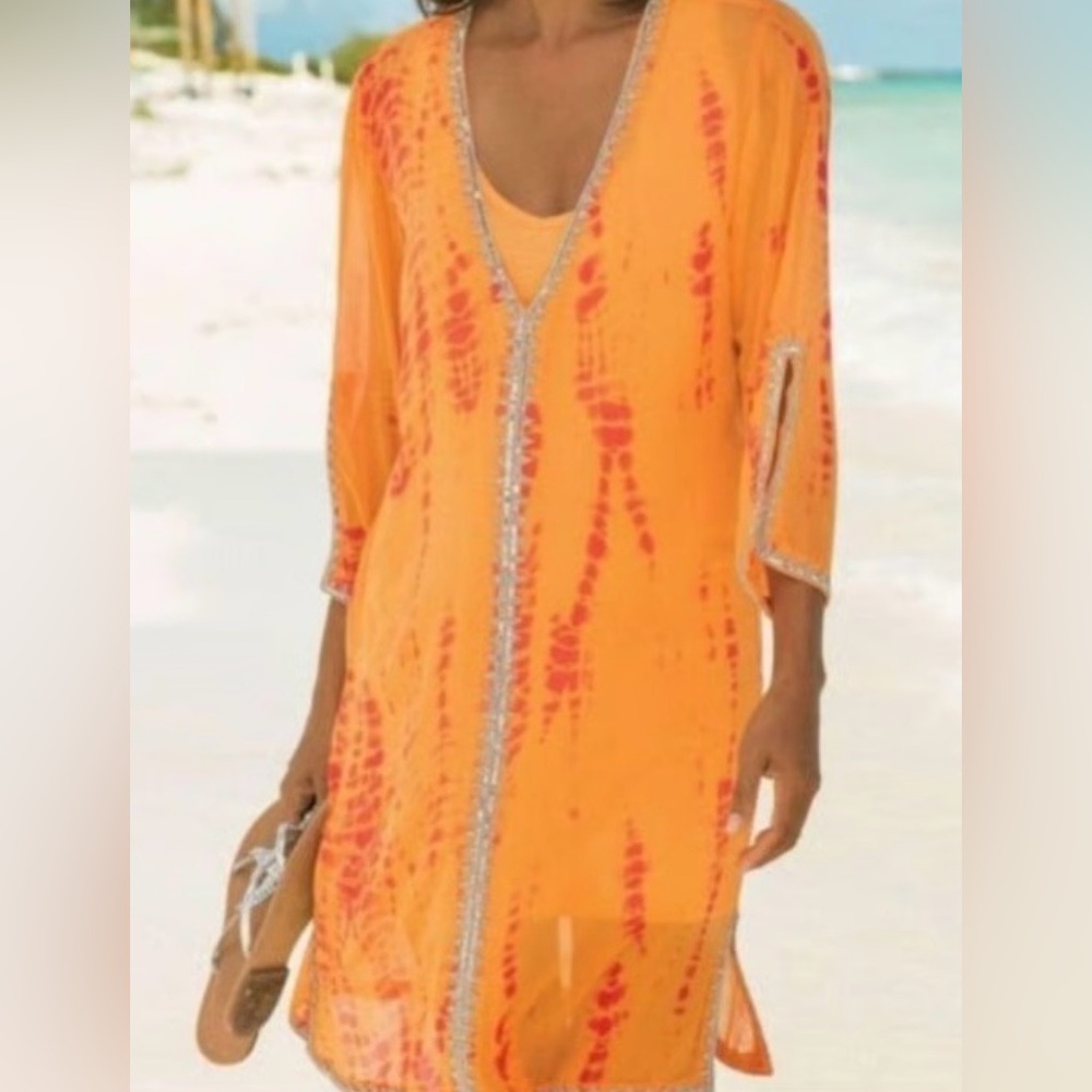 New‎ Women’s Plus Soft Surroundings Caftan Coverup Tunic Beaded Orange Beach 1X.